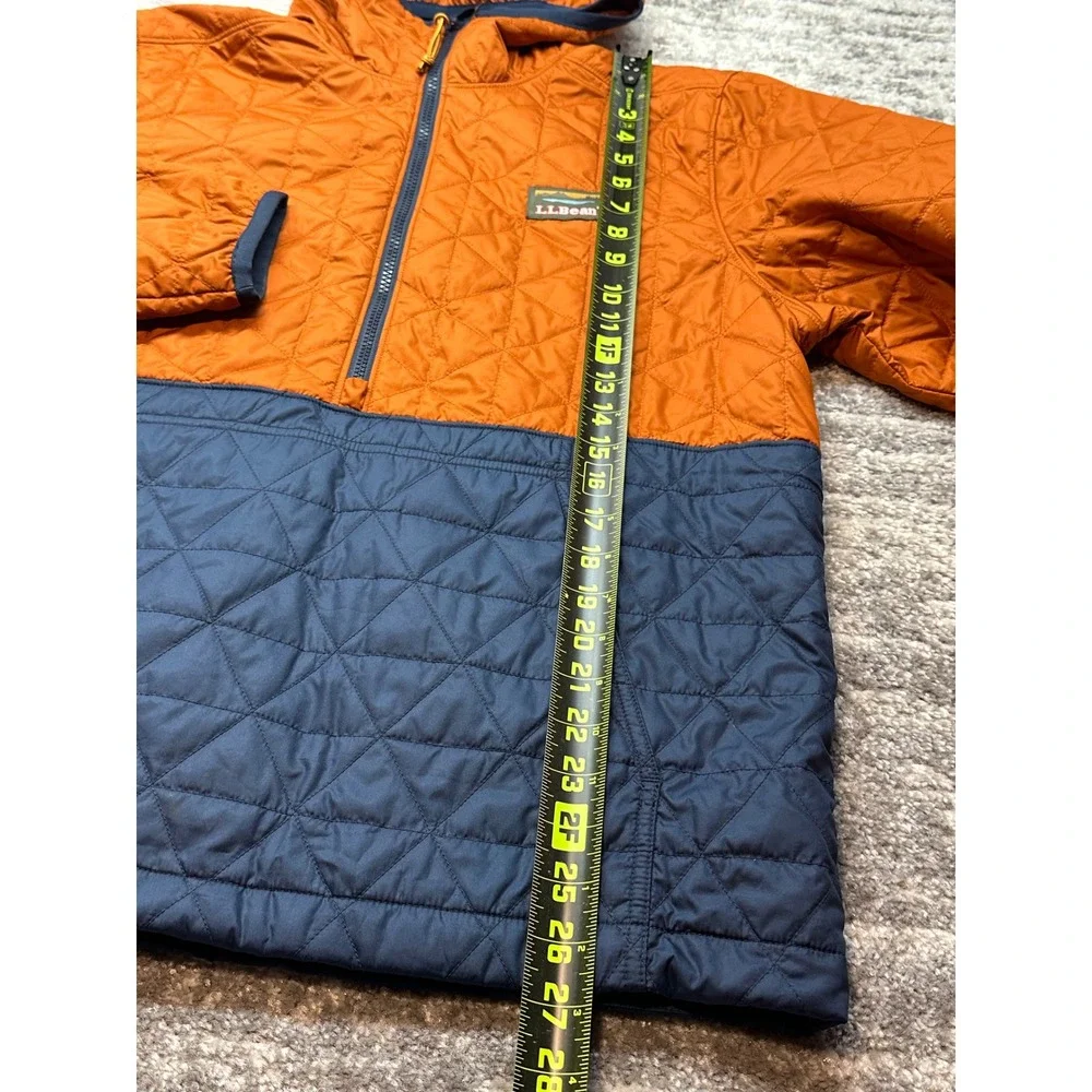 LL Bean Quilted Pullover Mens M Orange Navy Primaloft Hooded Anorak 503856